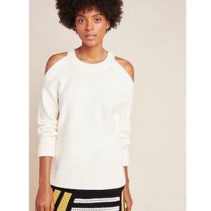 ANTHROPOLOGIE Ivory Open Cold Shoulder Knit Pullover Solid Knitwear Sweater XL